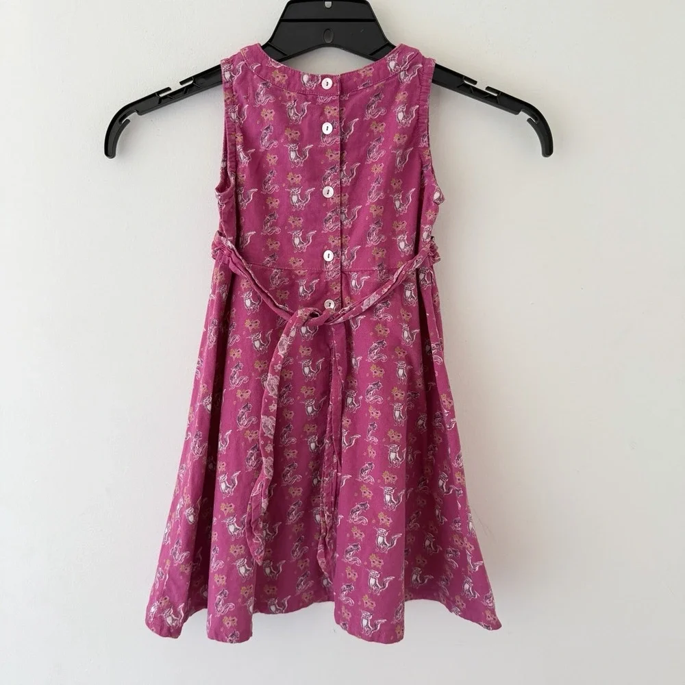 April Cornell Girls Dress Size 2 Pink Fox Print 100% Cotton Belted Cottagecore